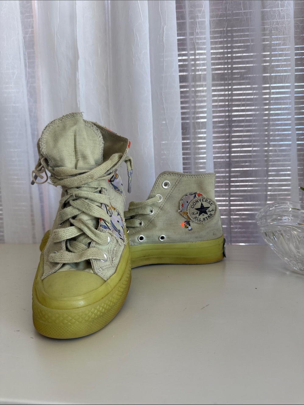 Converse High Top Sneakers in Sage Green with Yellow Sole
